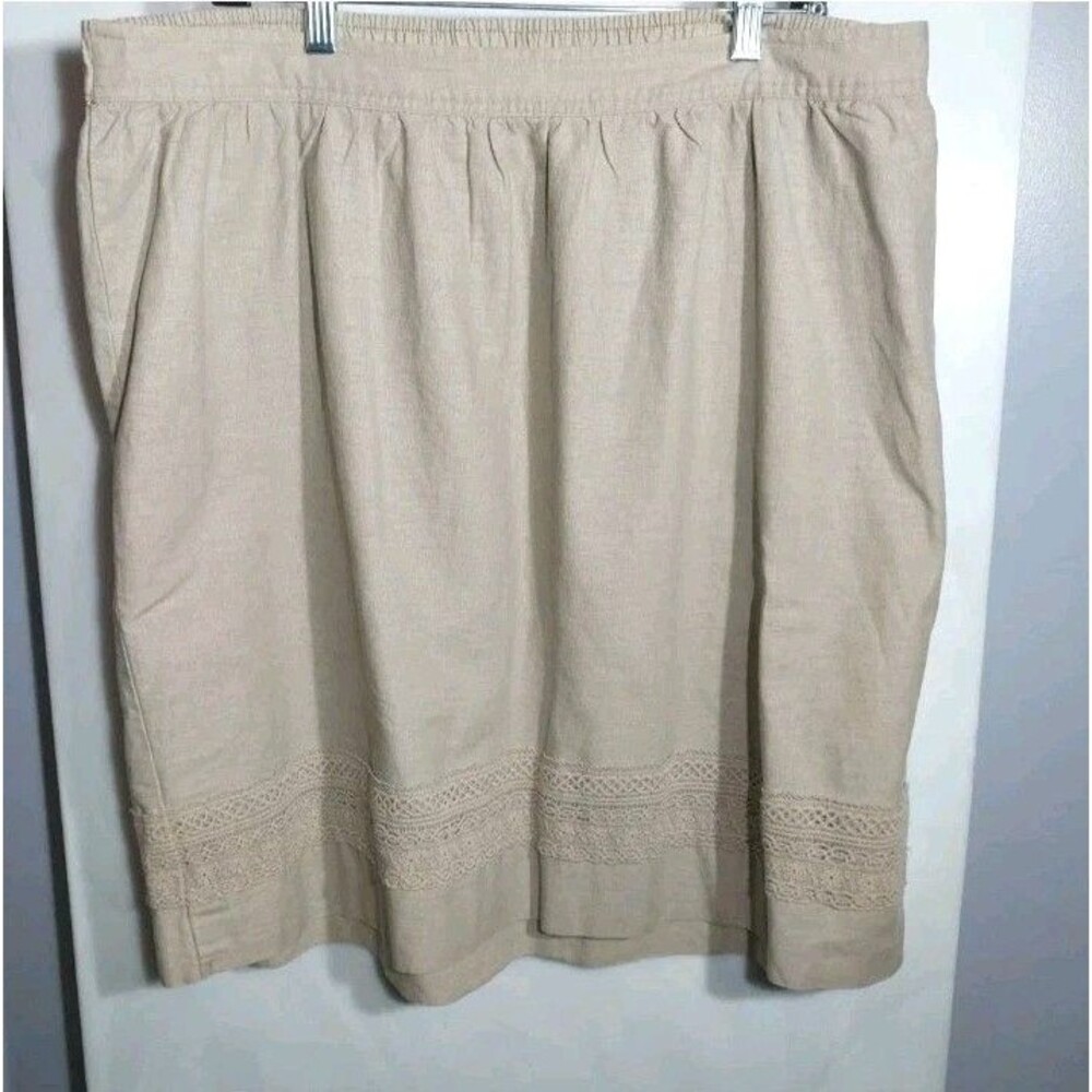 CJ Banks Womens 1X Beige Linen Cotton Crochet Trim Elastic Waist Boho Skirt